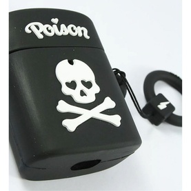 Mojipower Poison Airpods Case in black silicone with white skull and crossbones motif and carabiner clip attachment
