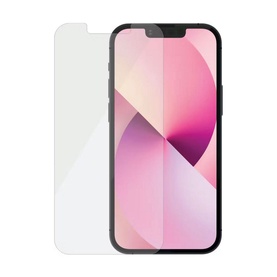 PanzerGlass iPhone 13 Mini Screen Protector, clear tempered glass panel shown fitted to a pink iPhone 13 Mini