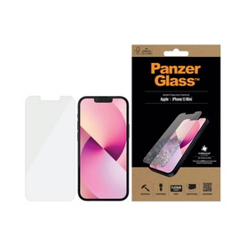 PanzerGlass iPhone 13 Mini Screen Protector shown beside its packaging, clear tempered glass design with feature icons on box