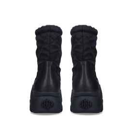 Kurt Geiger London Clout Ankle Boots in black quilted fabric, chunky black sole, pull-on style, front-facing pair view