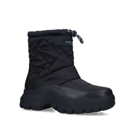 Kurt Geiger London Clout Ankle Boots in black quilted fabric with drawstring fastening and chunky black sole, pull-on style