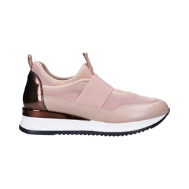 Carvela Janeiro Stretch Trainers in blush pink, slip-on style with elastic strap, rose gold metallic heel clip, and chunky white sole