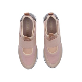 Carvela Janeiro Stretch Trainers in blush pink, slip-on with elastic strap, metallic heel clip, and chunky white sole, overhead view