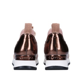 Carvela Janeiro Stretch Trainers in bronze metallic, showing rear view with branded heel clip, blush stretch upper and chunky white sole