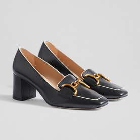 LK Bennett Samantha Snaffle Block Heels in black leather with gold snaffle hardware, block heel, and cream-edged trim. No model