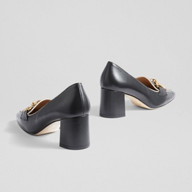 LK Bennett Samantha Snaffle Block Heels in black leather, rear view showing gold snaffle detail and cylindrical block heel