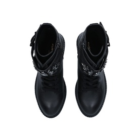 Kurt Geiger London Stoop Ankle Boots in black leather, top-down view showing lace-up fastening, embellished detail and studded treaded sole