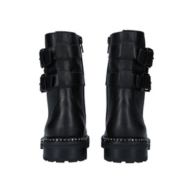Kurt Geiger London Stoop Ankle Boots in black leather, back view showing double buckle straps, studded sole and treaded block heel