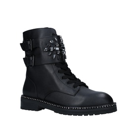 Kurt Geiger London Stoop Ankle Boots in black leather with jewel embellishment, double buckle strap, lace-up fastening, and studded sole