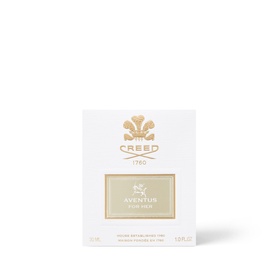 Creed Aventus For Her Eau de Parfum in white and gold box packaging, front-facing view showing brand crest and logo