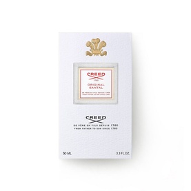 CREED Original Santal Eau de Parfum 50ml box, white packaging with gold crest emblem and red ribbon detail
