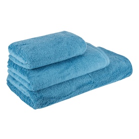Vossen Vegan Towel Sea Shimmer in blue, soft terry fabric, shown as a set of two folded towels in different sizes