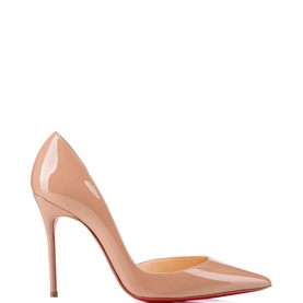 Christian Louboutin Iriza 100 Patent Leather Pumps in beige, pointed toe, open-sided d'Orsay cut, slender stiletto heel, red sole