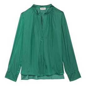 Zadig Tink Satin Shirt in green with long sleeves, notched neckline and ruched front detail.