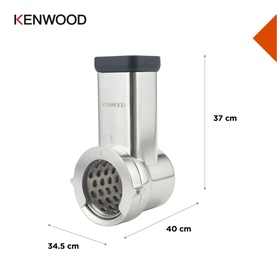 Kenwood stainless steel rotary drum grater attachment with black top, shown with dimensions: 37cm height, 40cm depth, 34.5cm width