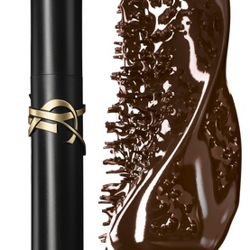 Yves Saint Laurent Lash Clash Extreme Volume Mascara in dark brown, shown with wand and formula swatch