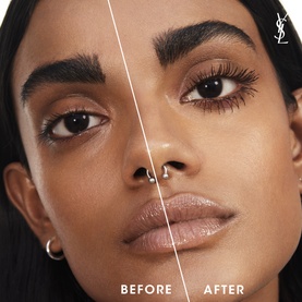 Yves Saint Laurent Lash Clash Extreme Volume Mascara before and after close-up showing dramatic lash volume increase on model