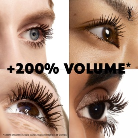YVES SAINT LAURENT Lash Clash Extreme Volume Mascara campaign showing three close-up eye shots with bold, voluminous lashes and +200% Volume claim