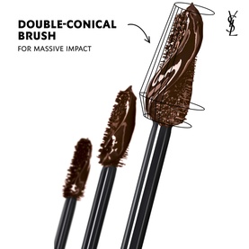 Yves Saint Laurent Lash Clash Extreme Volume Mascara double-conical brush shown in three sizes, demonstrating progressive volume impact in brown