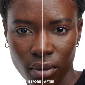 Model with YSL Lash Clash Extreme Volume Mascara in 01 MV Black, before and after comparison showing enhanced lash volume.