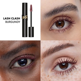 YSL Lash Clash Extreme Volume Mascara in Burgundy shown with tube and three close-up eye shots demonstrating volumising effect on lashes