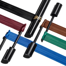 YSL Lash Clash Extreme Volume Mascara in black, shown with multiple coloured mascaras and brush swatches in blue, green, brown and burgundy
