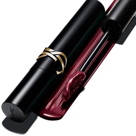 YSL Lash Clash Extreme Volume Mascara in 01 MV Black, black tube with gold YSL logo shown open beside deep burgundy mascara wand