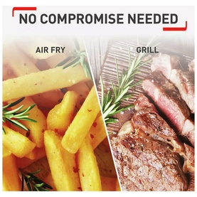 Tefal EasyFry Classic Air Fryer & Grill shown with crispy fries and grilled steak, highlighting air fry and grill functions