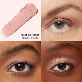 IT COSMETICS Superhero No-Tug Shadow Stick in Silk Armour pearl finish; swatch and close-ups on two models showing shimmer on lids