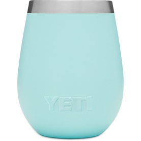 Yeti Rambler 10 Oz Wine Tumbler in seafoam green, powder-coated stainless steel with debossed logo and silver rim