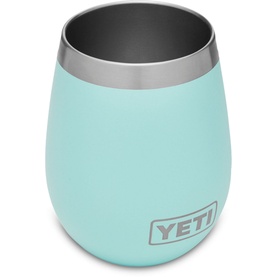 Yeti Rambler 10 Oz Wine Tumbler in seafoam green, stainless steel stemless design with silver rim, powder-coated finish