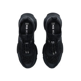 KG by Kurt Geiger Vegan Leighton Gem Trainers in black, overhead view showing gem-embellished panels, toggle lacing, and chunky sole