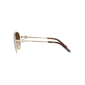 Tiffany & Co Pilot Sunglasses 0TF3080 in gold, side profile showing slim metal frame, tortoiseshell temples with pale blue Tiffany tips