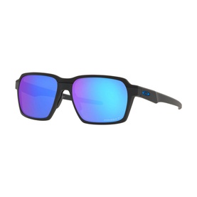 Oakley OO4143 Parlay Rectangle Sunglasses in grey metal with square frames and blue mirrored lenses