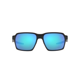 Oakley OO4143 Parlay Rectangle Sunglasses in grey metal frame with mirrored blue lenses, front view