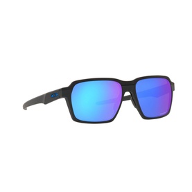 Oakley OO4143 Parlay Rectangle Sunglasses in grey metal with blue mirrored lenses, angled product view