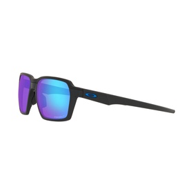 Oakley OO4143 Parlay Rectangle Sunglasses in grey metal frame with mirrored blue lenses, side profile view