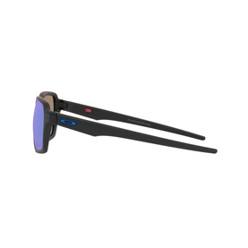 Oakley OO4143 Parlay Rectangle Sunglasses in grey metal, side profile view showing slim temples and blue mirrored lens