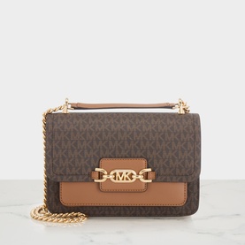 MMK Heather Large Logo-Canvas Shoulder Bag in brown with gold-tone chain strap, logo plaque hardware, and tan leather trim accent