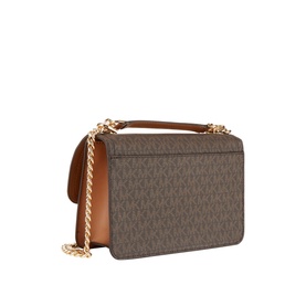 MMK Heather Large Logo-Canvas Shoulder Bag in brown, featuring gold-tone chain strap, monogram canvas body, and tan leather trim with flap closure