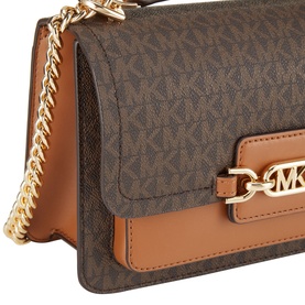MMK Heather Large Logo-Canvas Shoulder Bag in brown, featuring MK logo print, gold chain strap, and polished gold logo plaque on flap