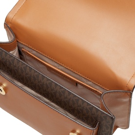 MMK Heather Large Logo-Canvas Shoulder Bag in brown, open top view showing monogram canvas interior lining and gold-tone hardware detail