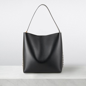 Stella McCartney Frayme Chain Tote Bag in black with gold chain side detail, single shoulder strap, open-top, smooth finish