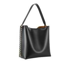 Stella McCartney Frayme Chain Tote Bag in black with silver chain trim along sides, single shoulder strap and open top