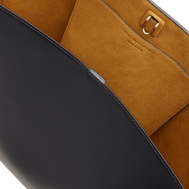 Stella McCartney Frayme Chain Tote Bag in black, open-top view showing tan suede-effect interior lining and gold-tone D-ring hardware detail