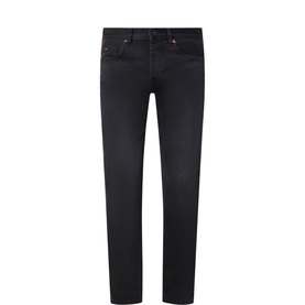 Hugo Boss Orange Tapered Taber Jeans in black, regular rise, zip-button fly, five-pocket styling with leather logo patch