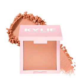 Kylie by Kylie Jenner Pressed Blush Powder in peach-coral, 7.5g compact with powder swatch showing soft-matte finish