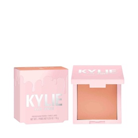 KYLIE BY KYLIE JENNER Pressed Blush Powder in peach-coral, 7.5g, shown beside open compact in pink packaging