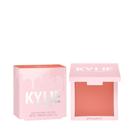 KYLIE BY KYLIE JENNER Pressed Blush Powder compact beside pink branded box, coral-pink shade, soft-matte finish, 7.5g