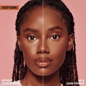 Kylie by Kylie Jenner Setting Powder before-and-after split showing Deep Dark shade on model's face, left side without, right side with powder